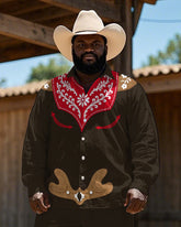 Western Cowboy Style Cartoon Pattern Floral Printed Big Men's Long Sleeve Shirt Trousers Set